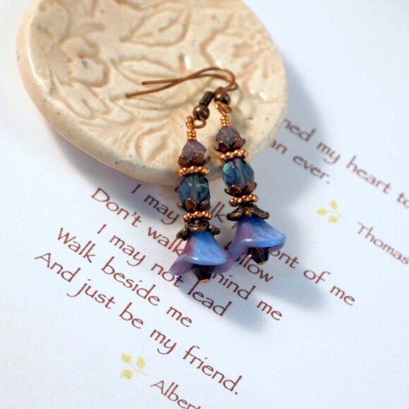 Copper Floral Earrings Boho Chic Czech Earrings  Pierced or Clip-on Earrings - Picture 9 of 10